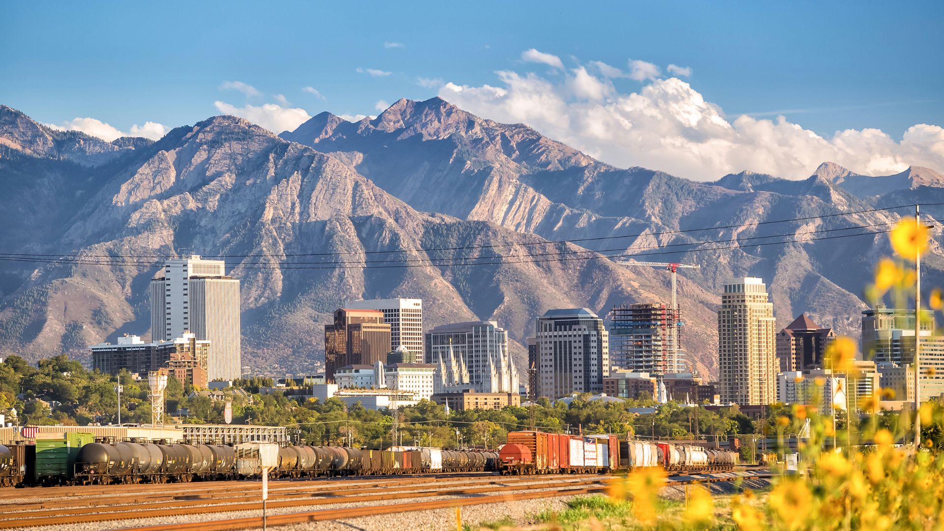 A view of a city with mountains in the background