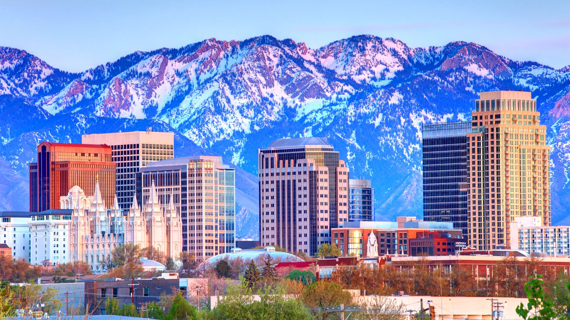 A view of a city with mountains in the background